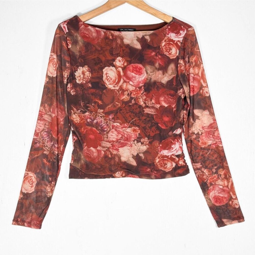 Dylan Ryan brown floral mesh long sleeve top - size S